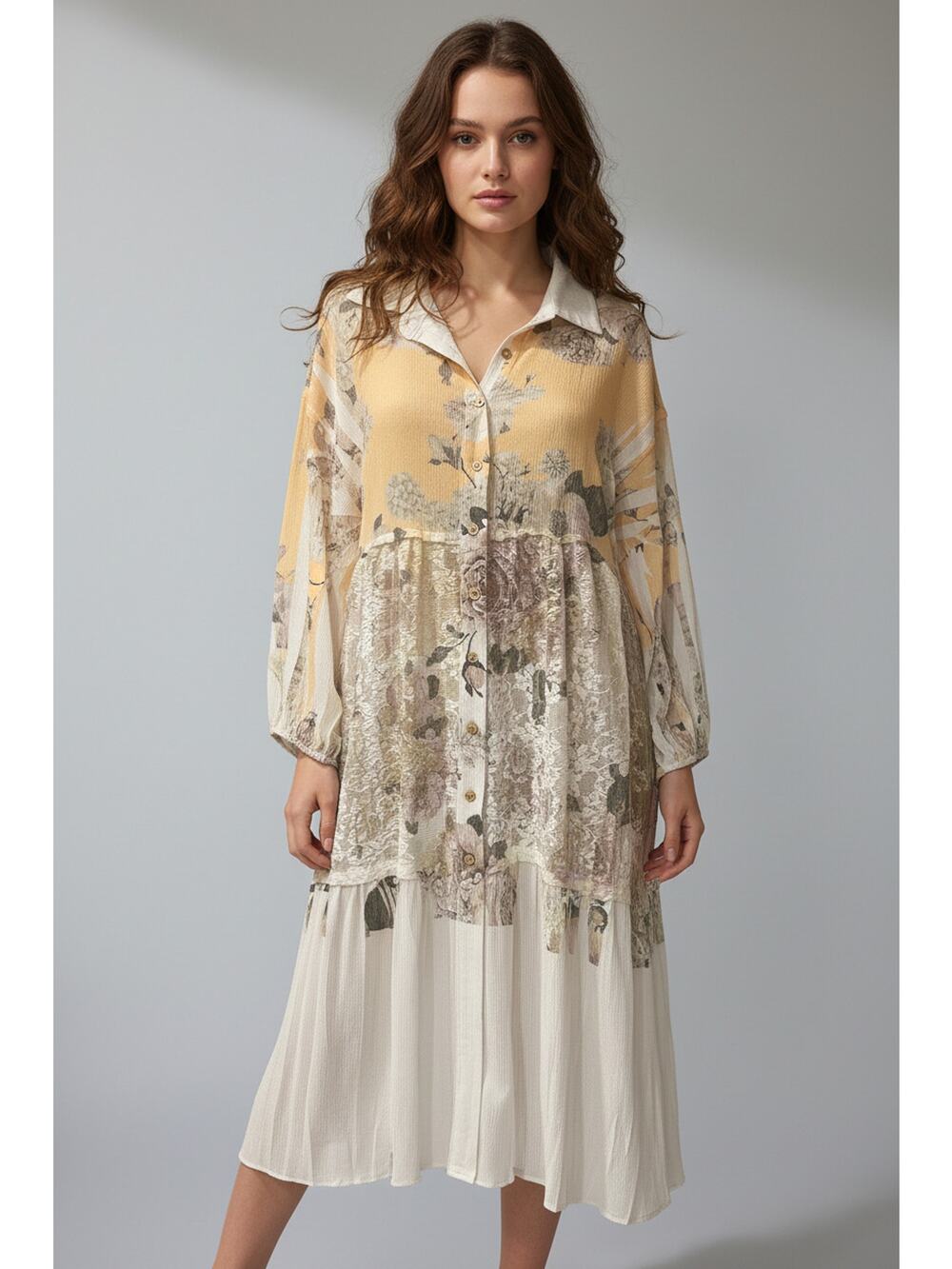 Origami Yellow Floral Oversized Jacket with Lace Trim Small